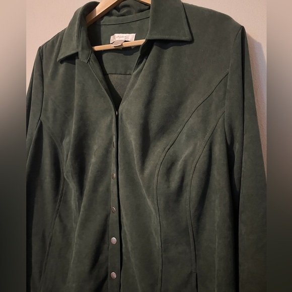 CJ Banks Vintage Faux Suede Emerald Green Collared Button Down Shacket - Picture 3 of 5